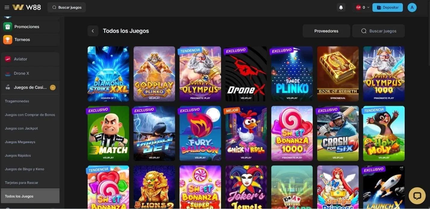 Catálogo de tragamonedas y juegos de crash de W88 casino